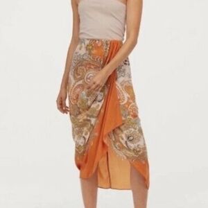 H&M Orange Paisley Boho Scarf Wrap Vacation Beach Midi Sarong Skirt 10 Medium
